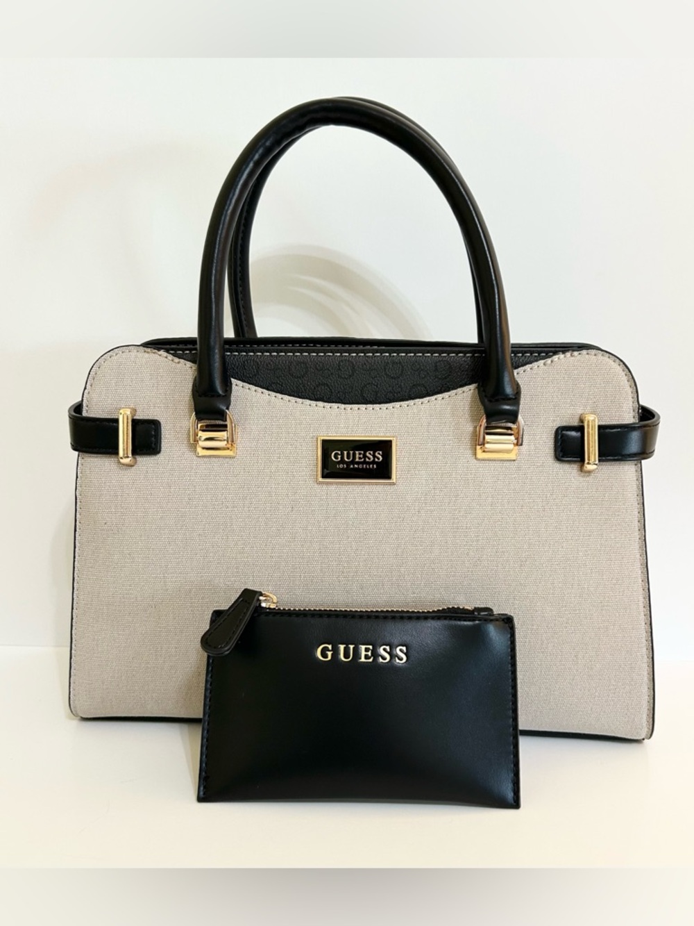 GUESS Beige/Black Trim Satchel Top Handle Crossbody w/Zipper Pouch Gold Accents